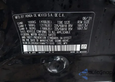 2021 Honda Hr-V Awd Sport из США, поврежденный, VIN 3CZRU6H18MM751999